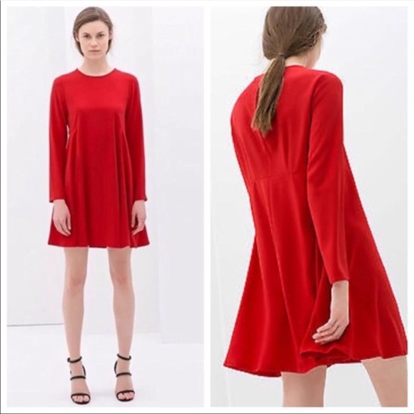 Zara Dresses & Skirts - Zara | Red Babydoll Swing Dress Long Sleeve XS